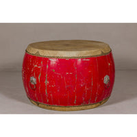 Red Lacquered Qing Dynasty Opera Drum End Table with Hide Top and Brass Studs-YN8044-8. Asian & Chinese Furniture, Art, Antiques, Vintage Home Décor for sale at FEA Home