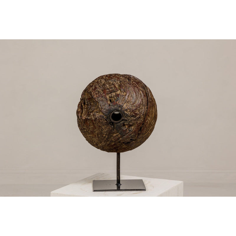 Ancient Cart Wheel with Elongated Center on Custom Base-YN8052-9. Asian & Chinese Furniture, Art, Antiques, Vintage Home Décor for sale at FEA Home