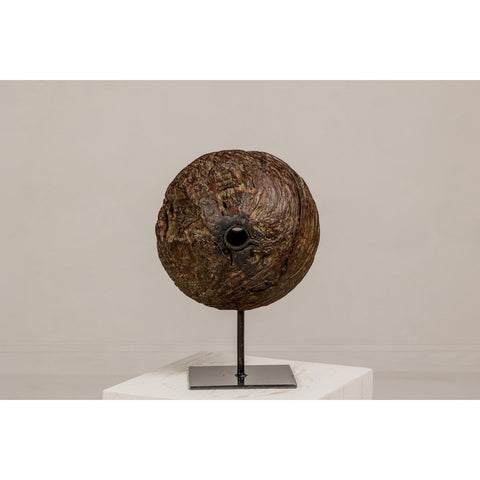 Ancient Cart Wheel with Elongated Center on Custom Base-YN8052-9. Asian & Chinese Furniture, Art, Antiques, Vintage Home Décor for sale at FEA Home