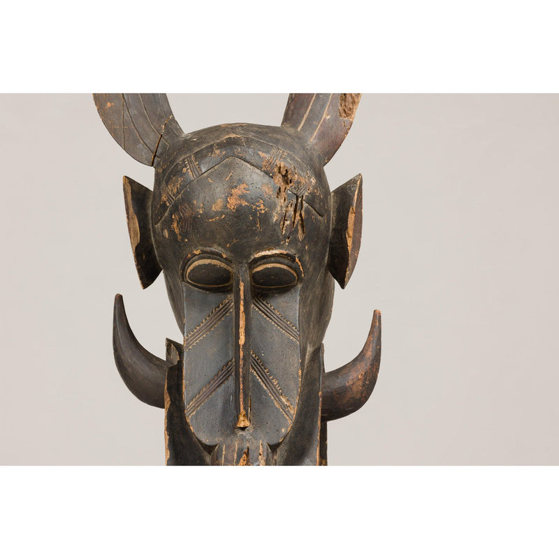 Wooden Mythical Animal Mask Mounted on Custom Base-YN8054-9. Asian & Chinese Furniture, Art, Antiques, Vintage Home Décor for sale at FEA Home