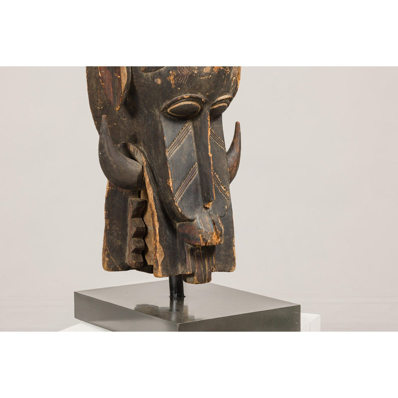 Wooden Mythical Animal Mask Mounted on Custom Base-YN8054-11. Asian & Chinese Furniture, Art, Antiques, Vintage Home Décor for sale at FEA Home