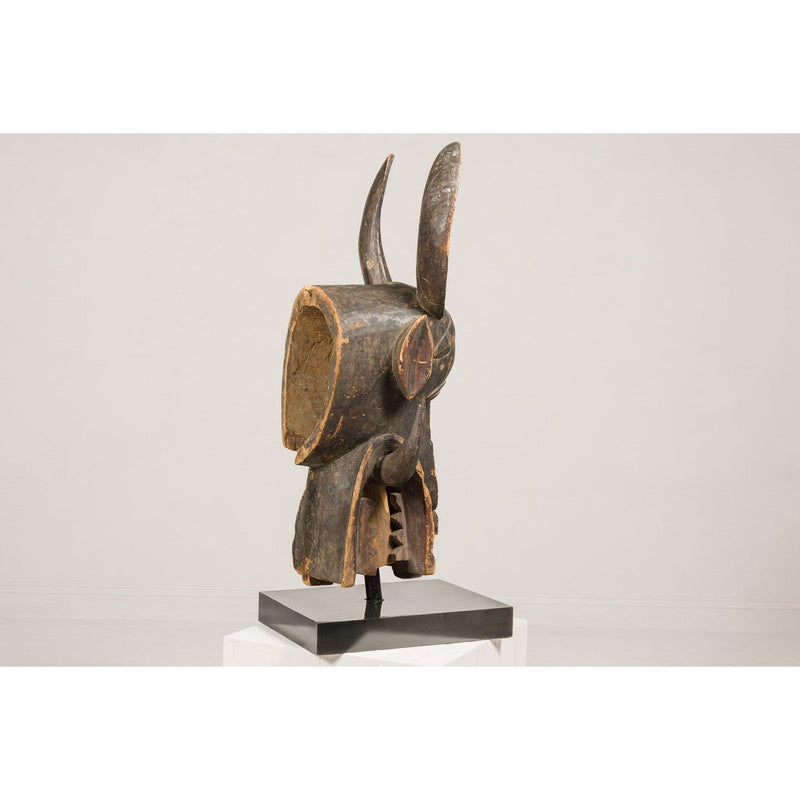 Wooden Mythical Animal Mask Mounted on Custom Base-YN8054-13. Asian & Chinese Furniture, Art, Antiques, Vintage Home Décor for sale at FEA Home