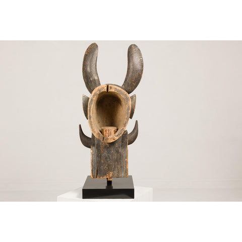 Wooden Mythical Animal Mask Mounted on Custom Base-YN8054-14. Asian & Chinese Furniture, Art, Antiques, Vintage Home Décor for sale at FEA Home