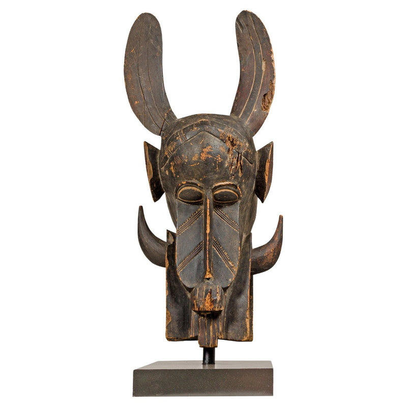 Wooden Mythical Animal Mask Mounted on Custom Base-YN8054-18. Asian & Chinese Furniture, Art, Antiques, Vintage Home Décor for sale at FEA Home