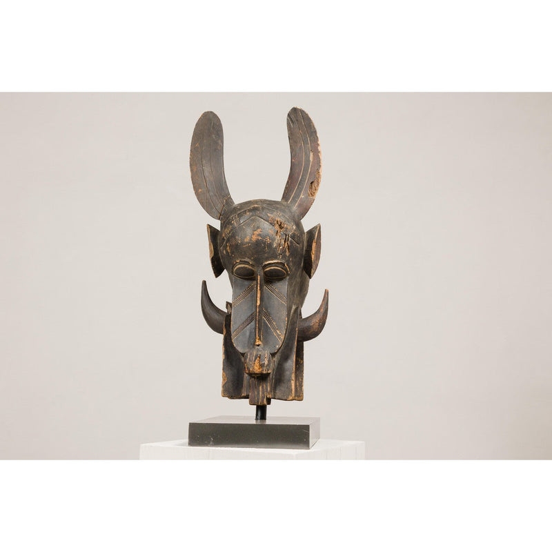 Wooden Mythical Animal Mask Mounted on Custom Base-YN8054-7. Asian & Chinese Furniture, Art, Antiques, Vintage Home Décor for sale at FEA Home