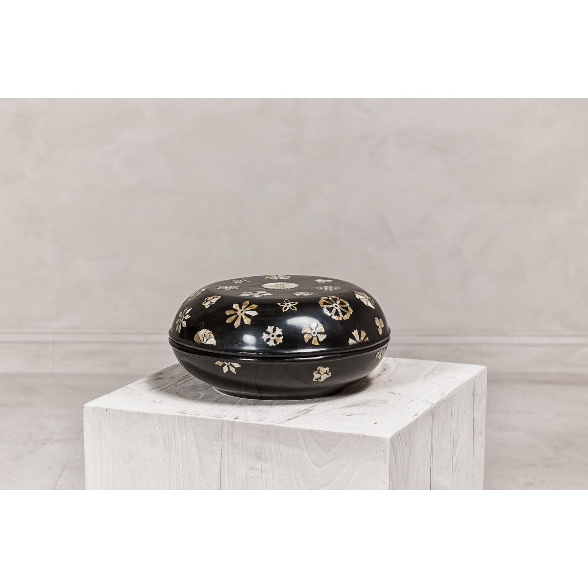 Black Lacquered Lidded Circular Box with Mother of Pearl Floral Décor-10. Asian &amp; Chinese Furniture, Art, Antiques, Vintage Home Décor for sale at FEA Home