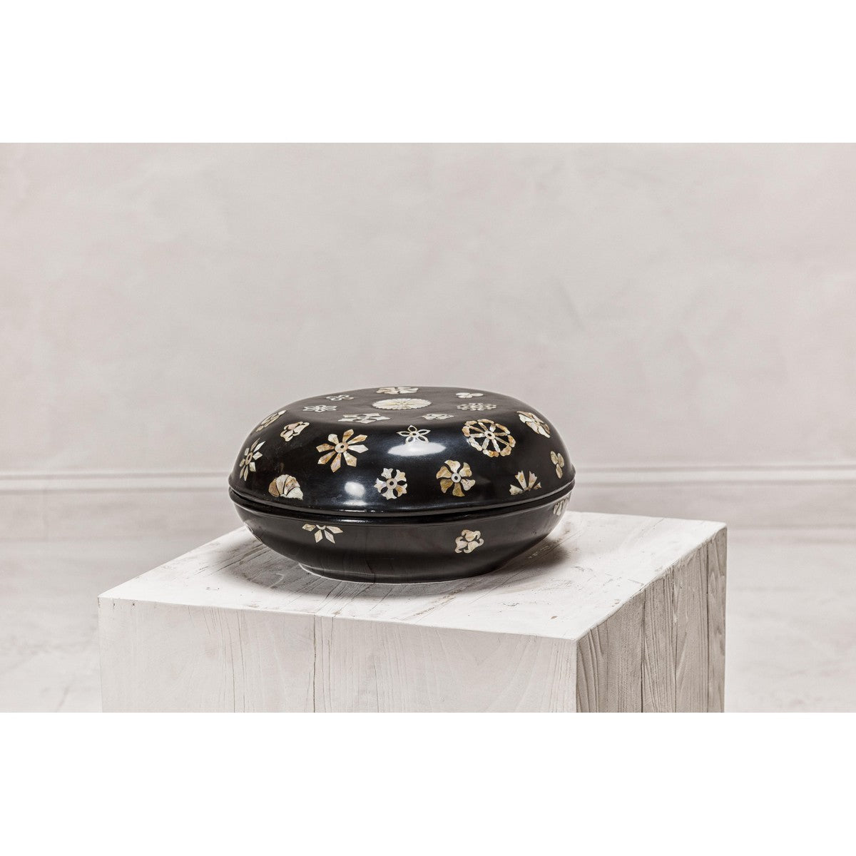 Black Lacquered Lidded Circular Box with Mother of Pearl Floral Décor-12. Asian &amp; Chinese Furniture, Art, Antiques, Vintage Home Décor for sale at FEA Home