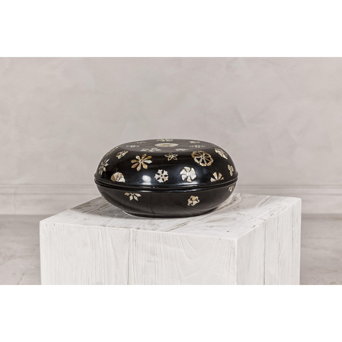 Black Lacquered Lidded Circular Box with Mother of Pearl Floral Décor-14. Asian &amp; Chinese Furniture, Art, Antiques, Vintage Home Décor for sale at FEA Home