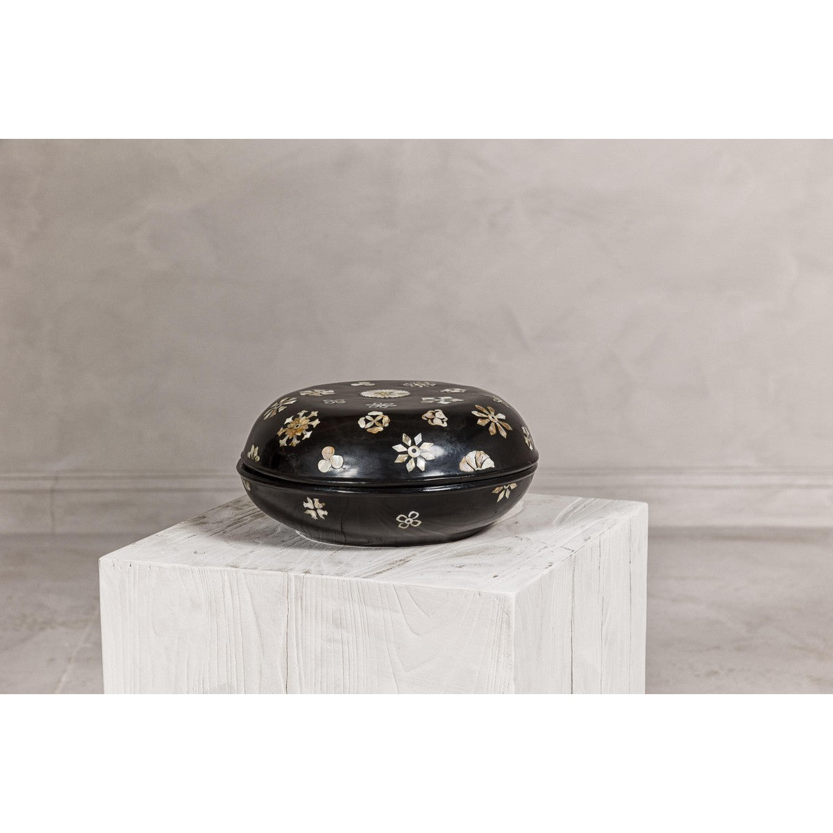 Black Lacquered Lidded Circular Box with Mother of Pearl Floral Décor-15. Asian &amp; Chinese Furniture, Art, Antiques, Vintage Home Décor for sale at FEA Home