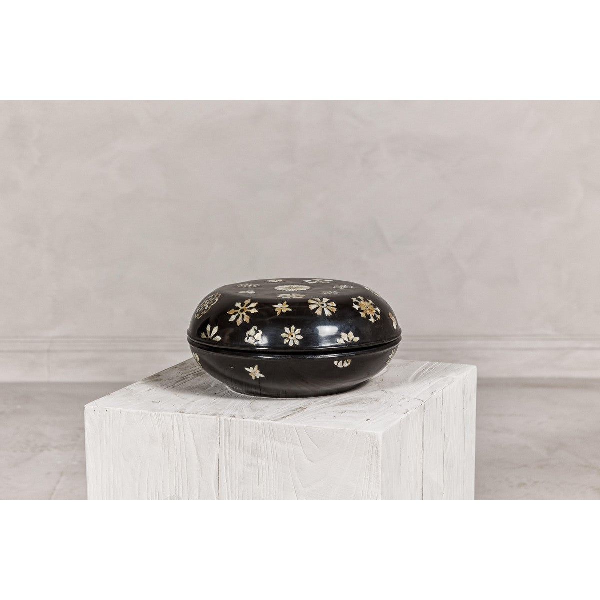 Black Lacquered Lidded Circular Box with Mother of Pearl Floral Décor-16. Asian &amp; Chinese Furniture, Art, Antiques, Vintage Home Décor for sale at FEA Home