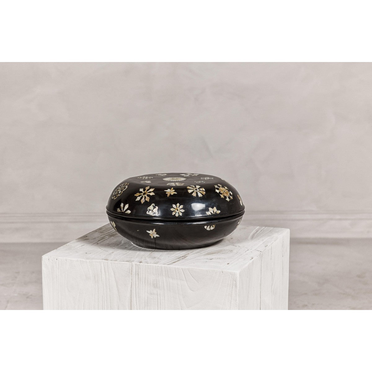 Black Lacquered Lidded Circular Box with Mother of Pearl Floral Décor-17. Asian &amp; Chinese Furniture, Art, Antiques, Vintage Home Décor for sale at FEA Home