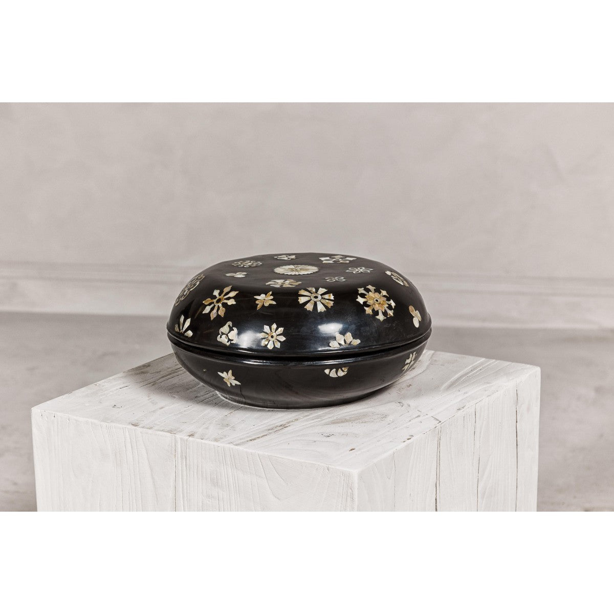 Black Lacquered Lidded Circular Box with Mother of Pearl Floral Décor-18. Asian &amp; Chinese Furniture, Art, Antiques, Vintage Home Décor for sale at FEA Home