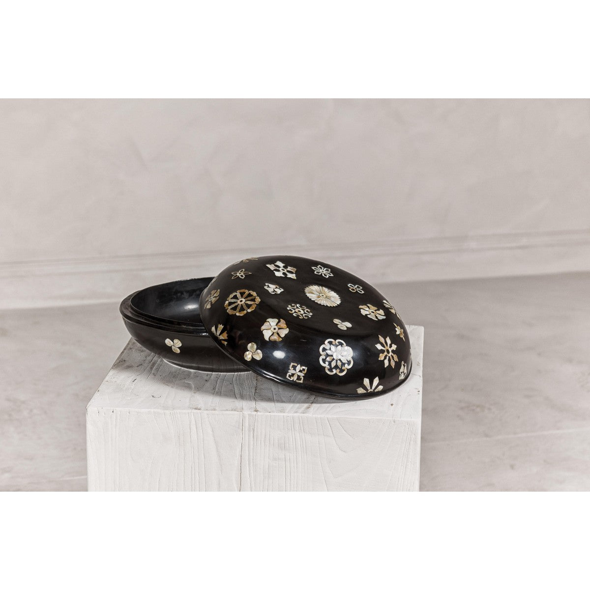 Black Lacquered Lidded Circular Box with Mother of Pearl Floral Décor-19. Asian &amp; Chinese Furniture, Art, Antiques, Vintage Home Décor for sale at FEA Home