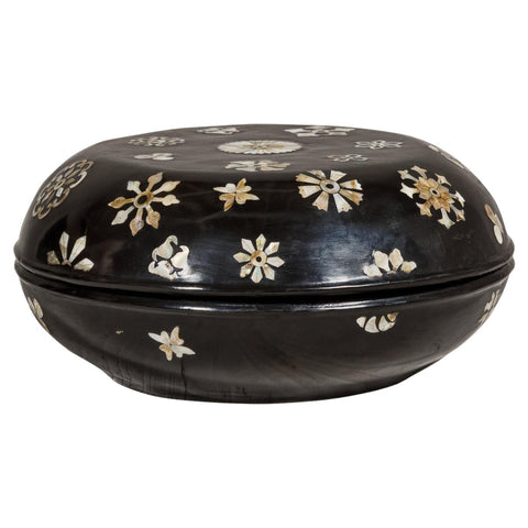 Black Lacquered Lidded Circular Box with Mother of Pearl Floral Décor-YN8058-1. Asian & Chinese Furniture, Art, Antiques, Vintage Home Décor for sale at FEA Home