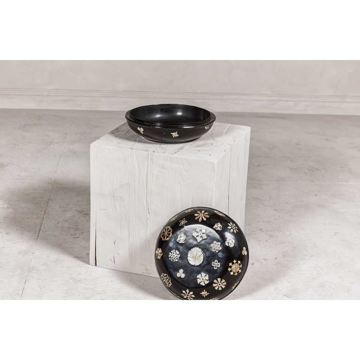 Black Lacquered Lidded Circular Box with Mother of Pearl Floral Décor-20. Asian &amp; Chinese Furniture, Art, Antiques, Vintage Home Décor for sale at FEA Home