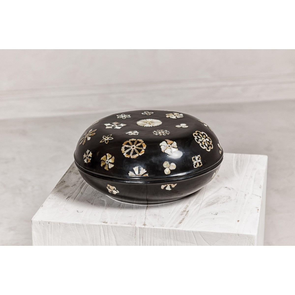 Black Lacquered Lidded Circular Box with Mother of Pearl Floral Décor-3. Asian &amp; Chinese Furniture, Art, Antiques, Vintage Home Décor for sale at FEA Home