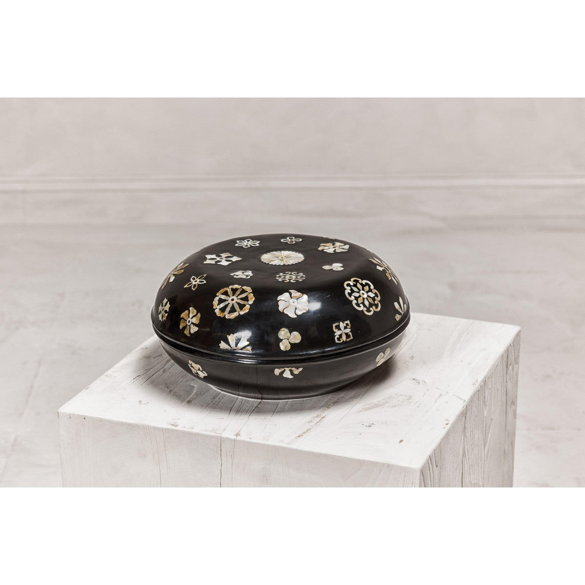 Black Lacquered Lidded Circular Box with Mother of Pearl Floral Décor-4. Asian &amp; Chinese Furniture, Art, Antiques, Vintage Home Décor for sale at FEA Home
