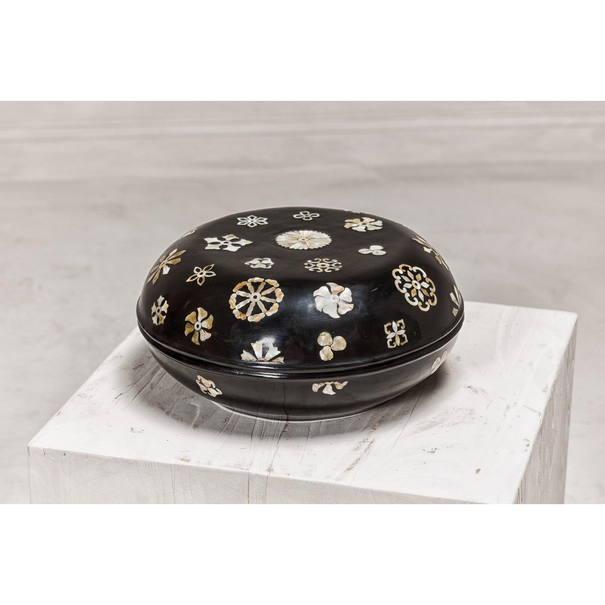 Black Lacquered Lidded Circular Box with Mother of Pearl Floral Décor-5. Asian &amp; Chinese Furniture, Art, Antiques, Vintage Home Décor for sale at FEA Home