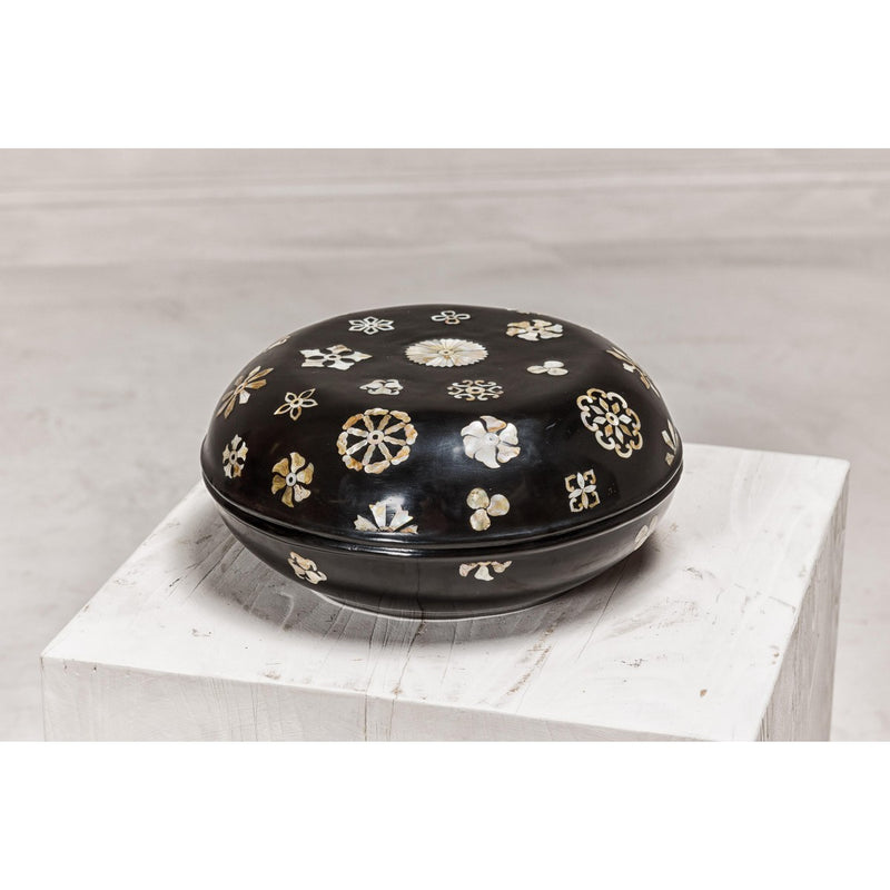 Black Lacquered Lidded Circular Box with Mother of Pearl Floral Décor-YN8058-5. Asian & Chinese Furniture, Art, Antiques, Vintage Home Décor for sale at FEA Home