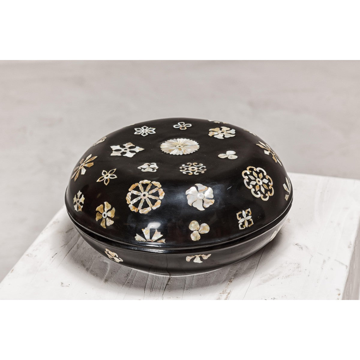 Black Lacquered Lidded Circular Box with Mother of Pearl Floral Décor-6. Asian &amp; Chinese Furniture, Art, Antiques, Vintage Home Décor for sale at FEA Home