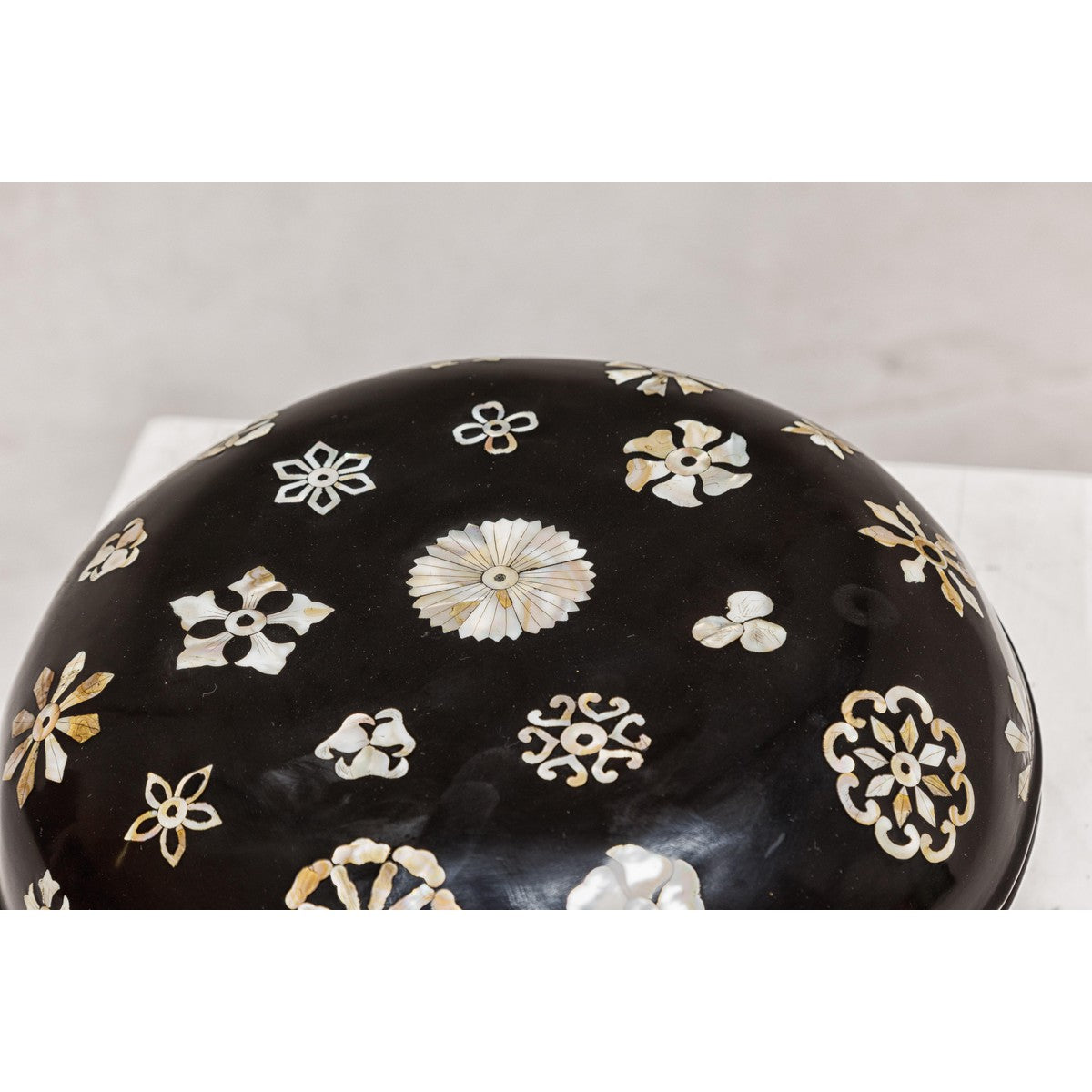 Black Lacquered Lidded Circular Box with Mother of Pearl Floral Décor-7. Asian &amp; Chinese Furniture, Art, Antiques, Vintage Home Décor for sale at FEA Home