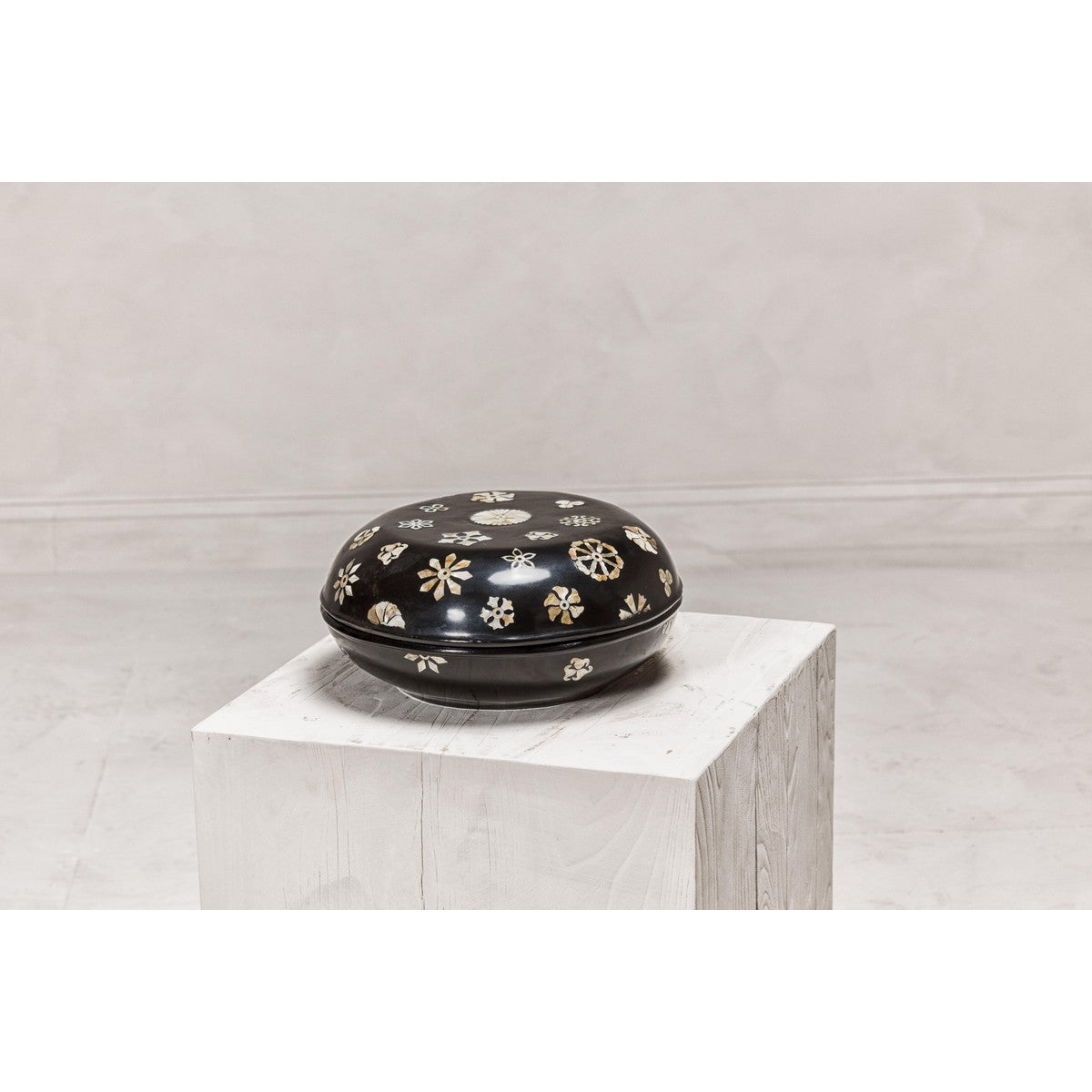 Black Lacquered Lidded Circular Box with Mother of Pearl Floral Décor-8. Asian &amp; Chinese Furniture, Art, Antiques, Vintage Home Décor for sale at FEA Home