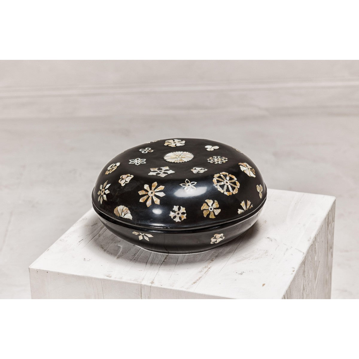 Black Lacquered Lidded Circular Box with Mother of Pearl Floral Décor-9. Asian &amp; Chinese Furniture, Art, Antiques, Vintage Home Décor for sale at FEA Home