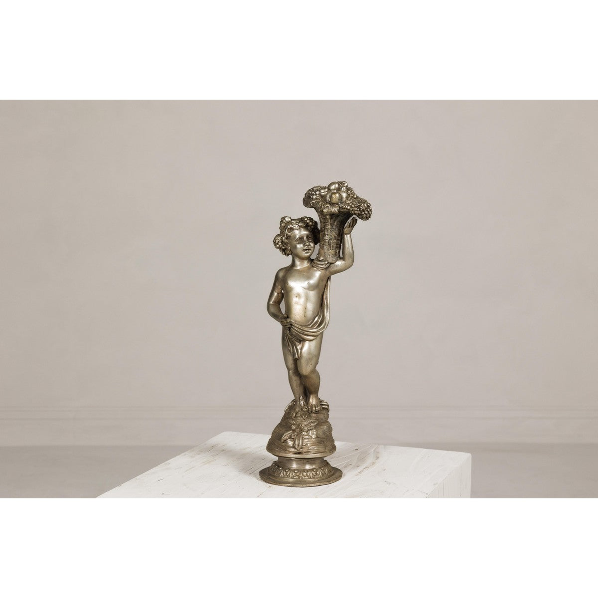 Baroque Style Silvered Bronze Statuette of a Putto Carrying a Fruit Basket-2. Asian & Chinese Furniture, Art, Antiques, Vintage Home Décor for sale at FEA Home
