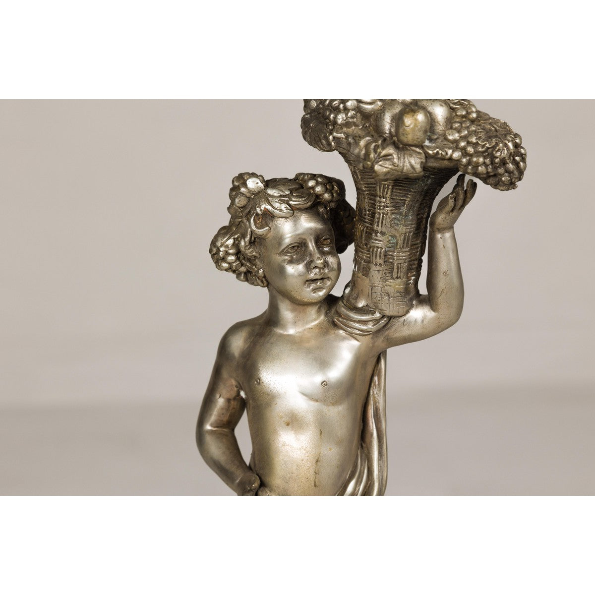 Baroque Style Silvered Bronze Statuette of a Putto Carrying a Fruit Basket-4. Asian &amp; Chinese Furniture, Art, Antiques, Vintage Home Décor for sale at FEA Home