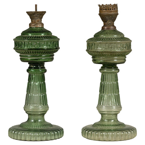 Green Glass Gas Lights with Meander Friezes, a Vintage Pair-YN8066-1. Asian & Chinese Furniture, Art, Antiques, Vintage Home Décor for sale at FEA Home
