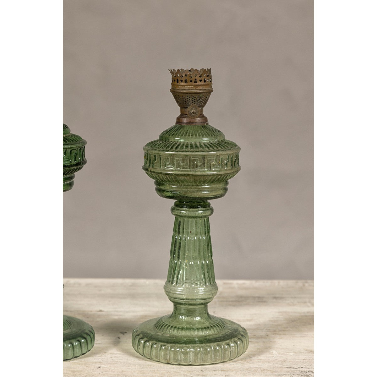 Green Glass Gas Lights with Meander Friezes, a Vintage Pair-7. Asian &amp; Chinese Furniture, Art, Antiques, Vintage Home Décor for sale at FEA Home