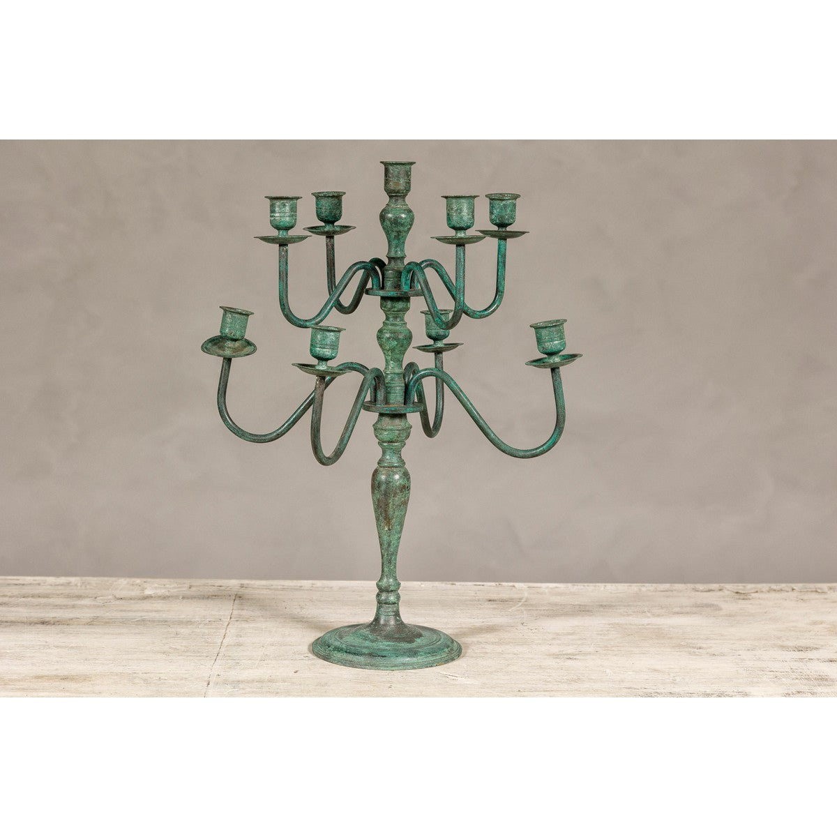 Vintage Two-Tiered Eight Arm Candelabra with Verdigris Patina-3. Asian &amp; Chinese Furniture, Art, Antiques, Vintage Home Décor for sale at FEA Home