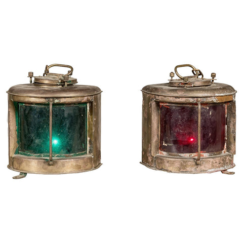 Pair of Nippon Sento Ship Lanterns with Green and Red Glass, Unwired-YN8069-1. Asian & Chinese Furniture, Art, Antiques, Vintage Home Décor for sale at FEA Home
