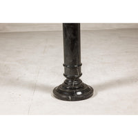 Vintage Black Marble Column Pedestal with White Veining and Stepped Base