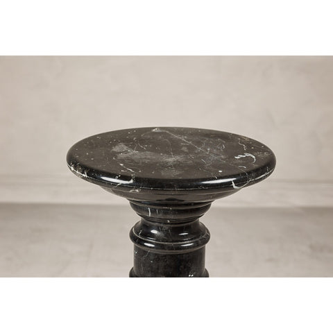 Vintage Black Marble Column Pedestal with White Veining and Stepped Base-YN8078-11. Asian & Chinese Furniture, Art, Antiques, Vintage Home Décor for sale at FEA Home