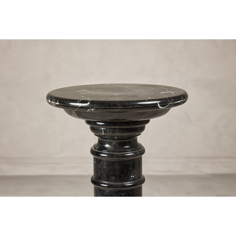 Vintage Black Marble Column Pedestal with White Veining and Stepped Base-YN8078-12. Asian & Chinese Furniture, Art, Antiques, Vintage Home Décor for sale at FEA Home