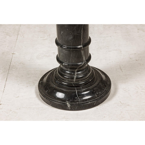 Vintage Black Marble Column Pedestal with White Veining and Stepped Base-YN8078-13. Asian & Chinese Furniture, Art, Antiques, Vintage Home Décor for sale at FEA Home