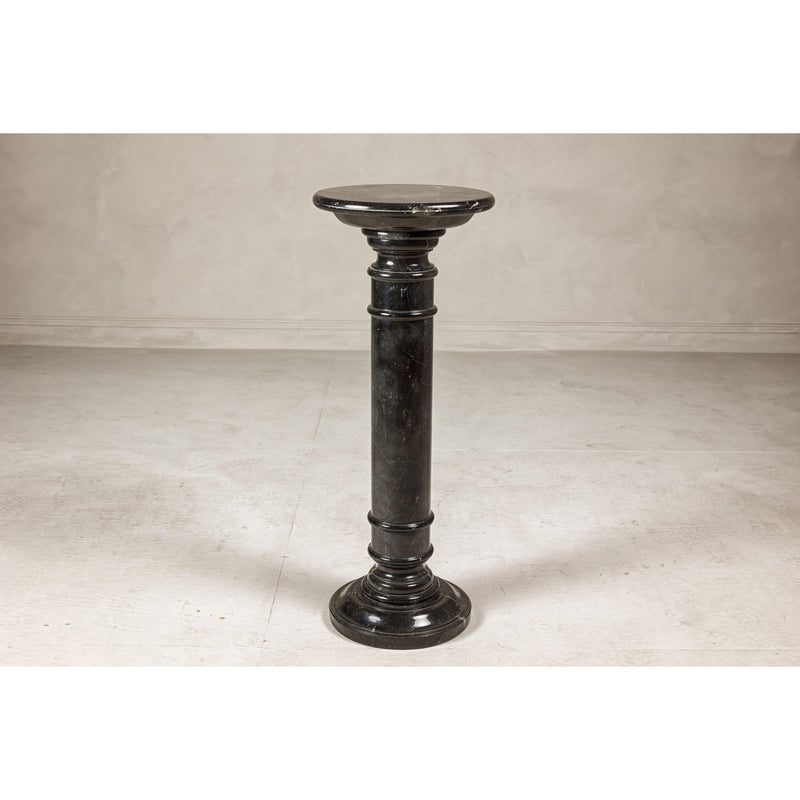 Vintage Black Marble Column Pedestal with White Veining and Stepped Base-YN8078-14. Asian & Chinese Furniture, Art, Antiques, Vintage Home Décor for sale at FEA Home