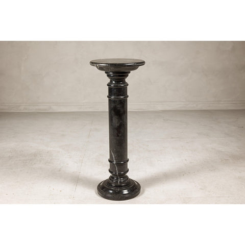 Vintage Black Marble Column Pedestal with White Veining and Stepped Base-YN8078-15. Asian & Chinese Furniture, Art, Antiques, Vintage Home Décor for sale at FEA Home