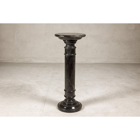 Vintage Black Marble Column Pedestal with White Veining and Stepped Base-YN8078-16. Asian & Chinese Furniture, Art, Antiques, Vintage Home Décor for sale at FEA Home
