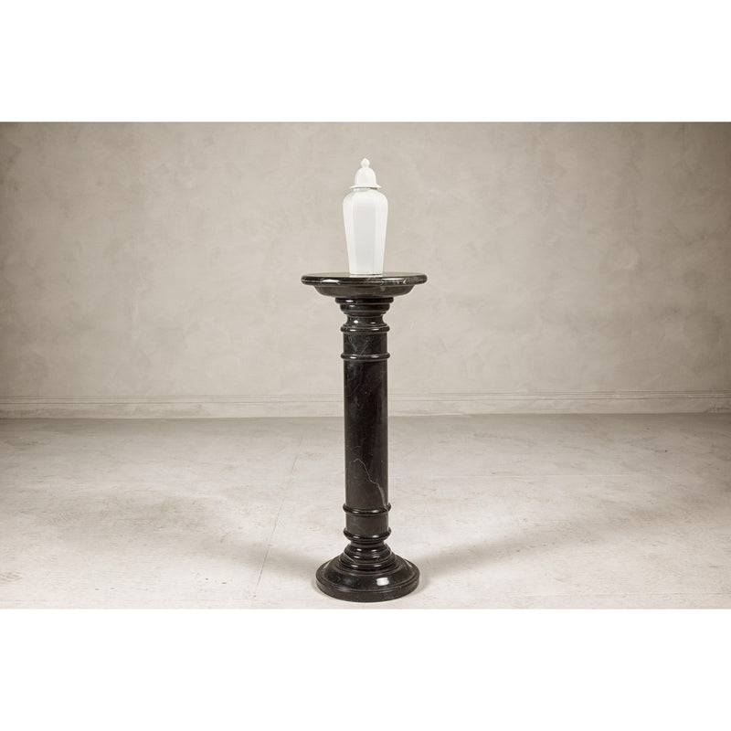 Vintage Black Marble Column Pedestal with White Veining and Stepped Base-YN8078-17. Asian & Chinese Furniture, Art, Antiques, Vintage Home Décor for sale at FEA Home