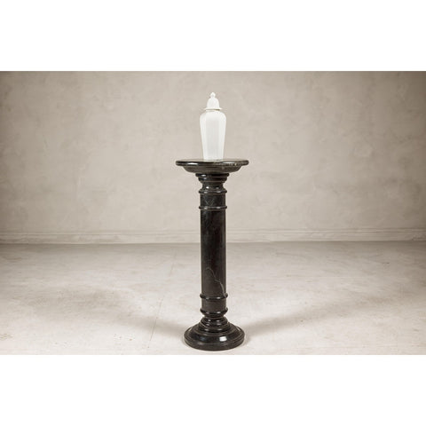 Vintage Black Marble Column Pedestal with White Veining and Stepped Base-YN8078-17. Asian & Chinese Furniture, Art, Antiques, Vintage Home Décor for sale at FEA Home