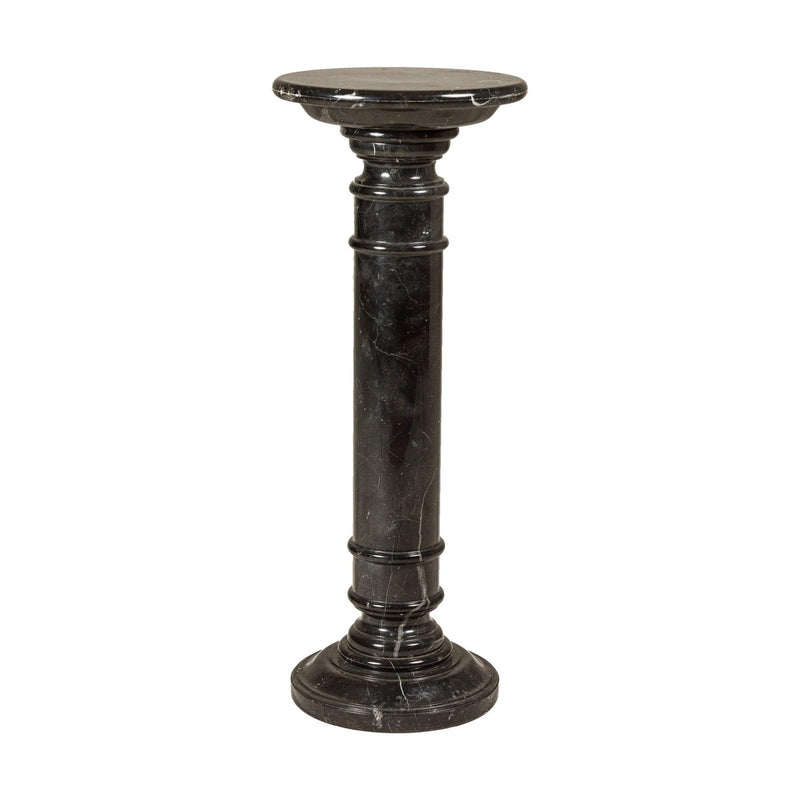 Vintage Black Marble Column Pedestal with White Veining and Stepped Base-YN8078-18. Asian & Chinese Furniture, Art, Antiques, Vintage Home Décor for sale at FEA Home