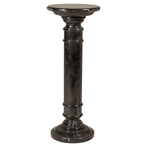 Vintage Black Marble Column Pedestal with White Veining and Stepped Base-YN8078-1. Asian & Chinese Furniture, Art, Antiques, Vintage Home Décor for sale at FEA Home