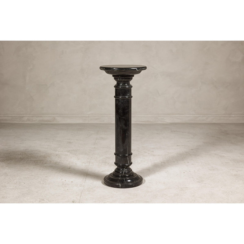 Vintage Black Marble Column Pedestal with White Veining and Stepped Base-YN8078-2. Asian & Chinese Furniture, Art, Antiques, Vintage Home Décor for sale at FEA Home