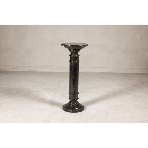Vintage Black Marble Column Pedestal with White Veining and Stepped Base-YN8078-3. Asian & Chinese Furniture, Art, Antiques, Vintage Home Décor for sale at FEA Home