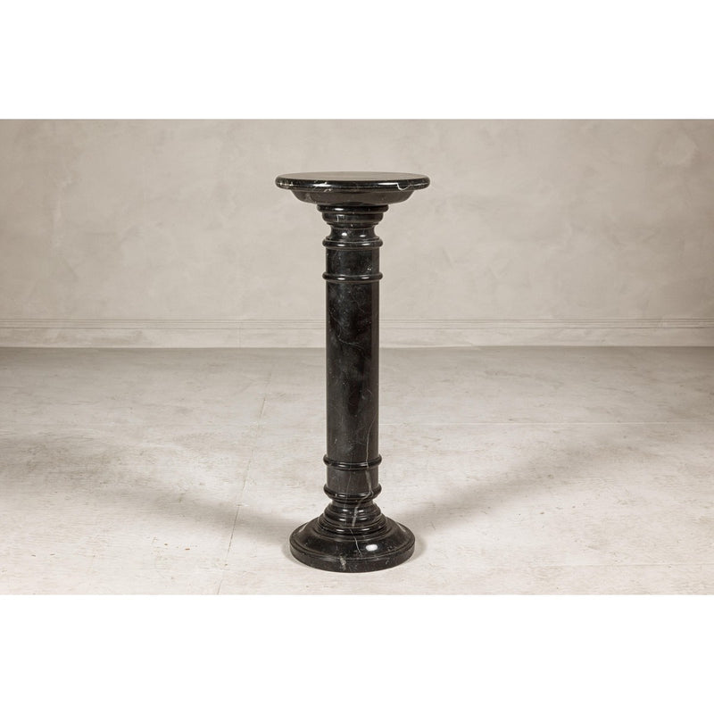 Vintage Black Marble Column Pedestal with White Veining and Stepped Base-YN8078-4. Asian & Chinese Furniture, Art, Antiques, Vintage Home Décor for sale at FEA Home