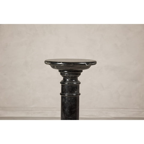 Vintage Black Marble Column Pedestal with White Veining and Stepped Base-YN8078-5. Asian & Chinese Furniture, Art, Antiques, Vintage Home Décor for sale at FEA Home