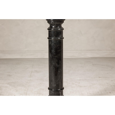 Vintage Black Marble Column Pedestal with White Veining and Stepped Base-YN8078-6. Asian & Chinese Furniture, Art, Antiques, Vintage Home Décor for sale at FEA Home