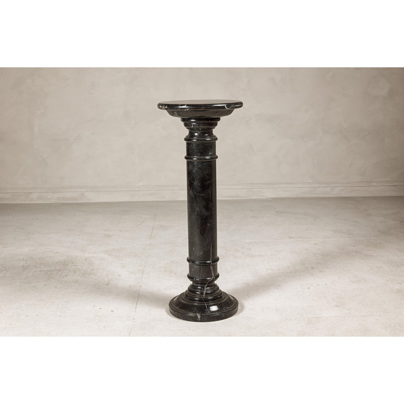 Vintage Black Marble Column Pedestal with White Veining and Stepped Base-YN8078-7. Asian & Chinese Furniture, Art, Antiques, Vintage Home Décor for sale at FEA Home